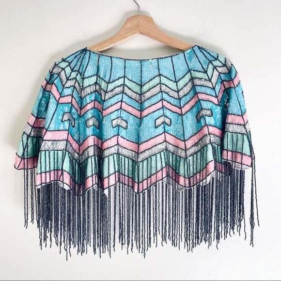 Free People Pastel Sequin, Beaded Fringe Boho/ Flapper Style Cape O/S One Size - Picture 3 of 15